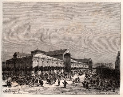 Pariisin keskushallit 1800-luvulla - kaiverrus "La France illustree: geographie, histoire, Administration statistique" by V.A. Maltaanruskea. 1884 tekijältä French School