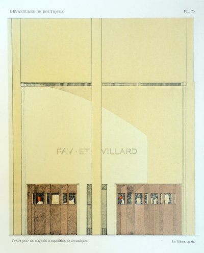 Keramiikkanäyttelytila, levy 20, kuvitus Devantures de Boutiquesista, Louis-Pierre Sezille, Pariisi, 1927 tekijältä French School