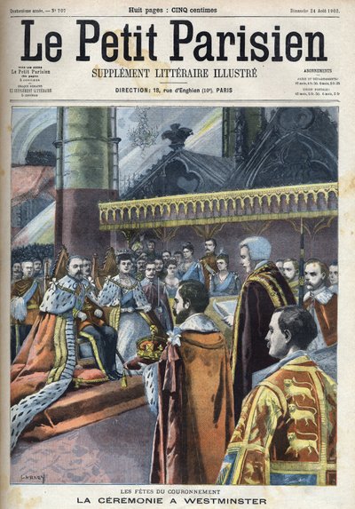 Kruunajaiset Westminsterissä: kuningas Edward VII (1841-1910) ja Alexandra Tanska (1844-1925), teoksessa "Le petit Parisien" tekijältä French School