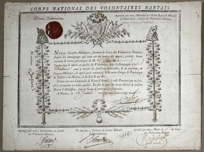 Todistus pääsystä Nantesin vapaaehtoisten kansalliskaartiin, 1789 tekijältä French School