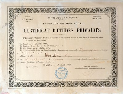 Todistus peruskoulusta, Academie de Lille, 1898 (muste paperille) tekijältä French School