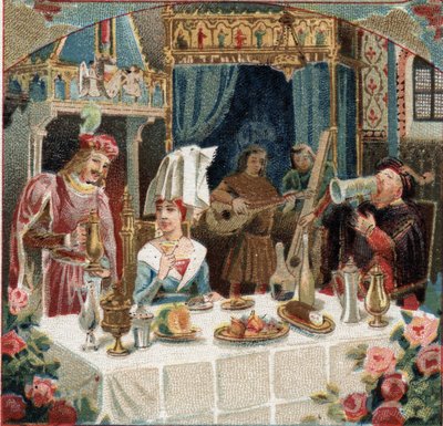 Chamberlain Jehan de Saintre servint una copa a la Lady of Belles Cousines (Belles-Cousines) en un banquet al Chateau d