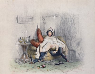 Champagne & Love, rakastunut pariskunta, joka nukahti kuudennen samppanjapullonsa jälkeen, kaiverrus Bettannier Freres, Pariisi, 1852 tekijältä French School