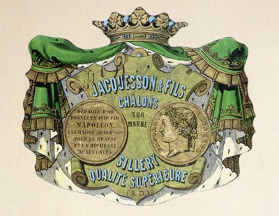 Samppanjaetiketti Jacquesson & Filsille, Champagne Sillery Marque, 1800-luvun puoliväli (värilitho) tekijältä French School
