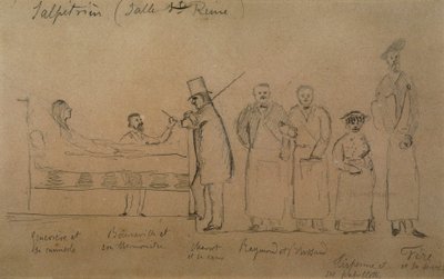 Charcot on suunnitellut yksi hänen oppilaistaan. Vasemmalta oikealle: potilas Genevieve kamisolissa, tohtori Desire Magloire Bourneville lämpömittarilla, Jean Martin Charcot, Raymond ja Brissaud, Me Tirperme ja Charles Fere. Pyhä Queen Room, Salpetriere Ho tekijältä French School