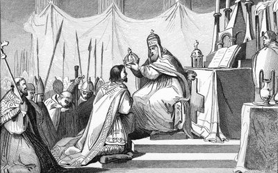 Kaarle Suuri (742-814) kruunasi paavi Leo III (n.750-816) Pyhän Pietarin luona Roomassa 25. joulukuuta 800 Colartin "Histoire de France" -teoksesta, julkaistu noin 1840 tekijältä French School