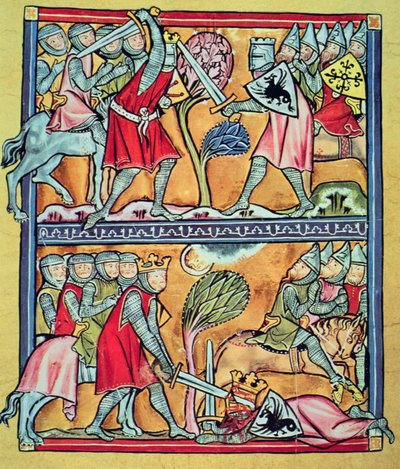 Kaarle ja hänen paladiininsa taistelussa saraseeneja vastaan, pienoiskuva Charlemagne ja hänen paladiininsa (vellum) tekijältä French School