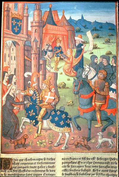 Kaarle paladiiniensa (seurueensa ritarit) kanssa (vellum) tekijältä French School