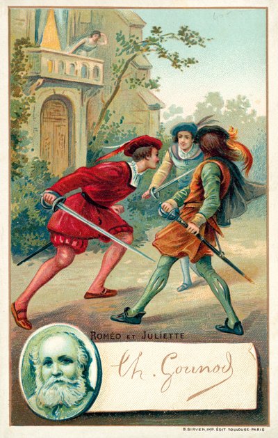 Charles Gounod, ranskalainen säveltäjä ja kohtaus hänen oopperastaan Romeo et Juliette (chromolitho) tekijältä French School