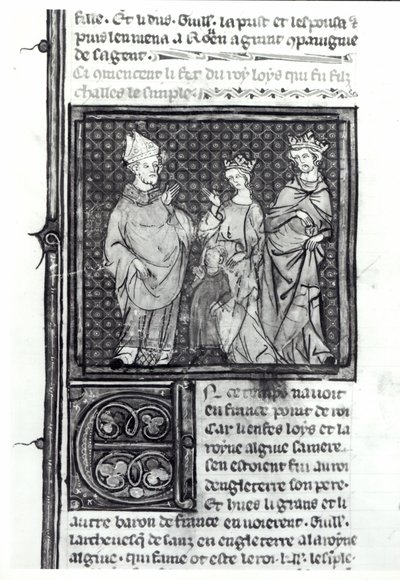Kaarle III (879-929) Yksinkertainen vaimonsa ja poikansa Ludvig IV:n (921-954) kanssa, Grandes Chroniques de France, 1375-79 tekijältä French School