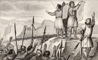 Kaarle II (823-77) Kalju ja hänen veljensä Ludvig Saksalainen tekevät sopimuksen Strasbourgissa vuonna 842 Colartin teoksesta "Histoire de France", julkaistu noin 1840 tekijältä French School
