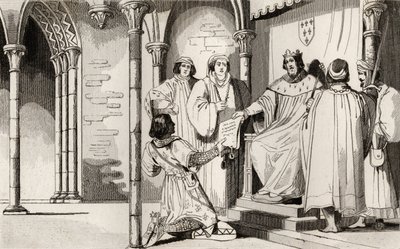 Kaarle IV (1294-1328) Komea saa oikeudessa vetoomuksen Colartin "Histoire de Francesta", julkaistu n. 1840 (kaiverrus) tekijältä French School