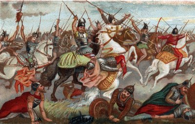 Charles Martel pidätti muslimit Poitiersin taistelussa vuonna 732. Kromolitografia 1800-luvulta. tekijältä French School