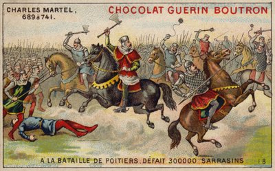 Charles Martel voitti 300 000 saraseenin armeijan Poitiersin taistelussa, 732 (chromolitho) tekijältä French School