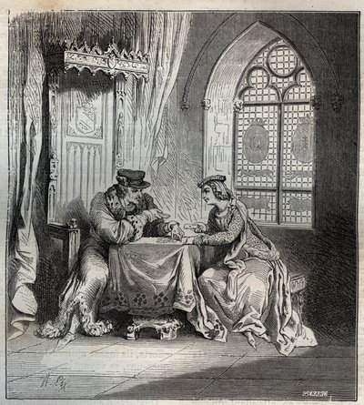 Kaarle VI (1380-1422) ja Odette de Champdivers - Ranskan kuningas Kaarle VI, joka tunnettiin nimellä Charles the Good Aime, sitten Kaarle Fol (1368-1422) emäntänsä Odinette (Odette) de Champdiversin kanssa (noin 1390 - noin 1425) pelikorttien kaiverrus "Pa tekijältä French School