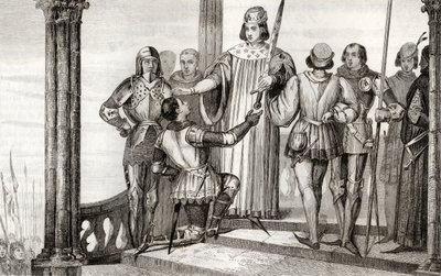 Kaarle V (1358-80) Viisas esittelee miekkansa Duguesdinille, Colartin "Histoire de France" -teoksesta, julkaistu noin vuonna 1840. tekijältä French School