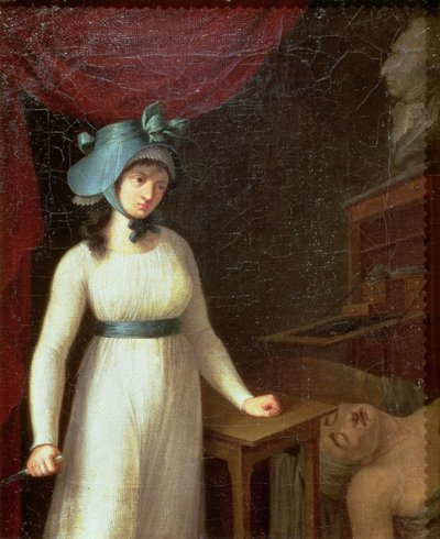 Charlotte Corday (1768-93) ja Jean Paul Maratin (1743-93) salamurha Bathissa tekijältä French School