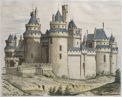 Chateau de Pierrefonds, kuvitus Le Moniteur des architectesista, kaiverrus Bosredon (värikaiverrus) tekijältä French School