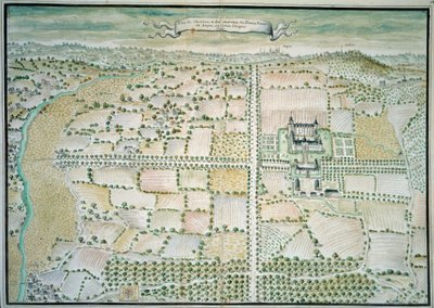 Chateaux de la Loire: "" Näkymä Plessis Bourren linnalle"" Ranskalaisen koulukunnan akvarelli. 1699 Paris, B.N. tekijältä French School