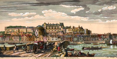 Chateaux de la Loire: näkymä Amboisen linnaan Indressä ja Loiressa 1700-luvulla. Aikakauden kaiverrus. Yksityiskokoelma tekijältä French School