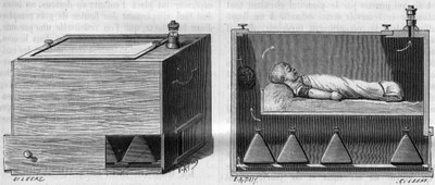 Tohtori Alfred Auvardin (1855-1940) lastenhautomo, synnytysosastolla käytetyn laitteen mukaan, vasemmalla, ulkokuva, oikealta sisäkuva. kirjassa "La Nature. Revue des sciences et de ses applications aux arts et à l