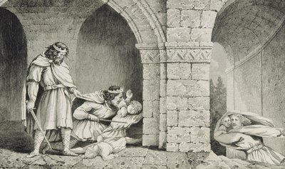 Childebert I (n. 498-588) veljiensä perillisten murhassa, Colartin Histoire de Francesta, julkaistu n. 1840 tekijältä French School