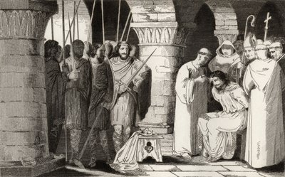 Childeric III (714-51) on syrjäytetty ja suljettu luostariin Colartin "Histoire de France" -kirjasta, julkaistu n. 1840 tekijältä French School