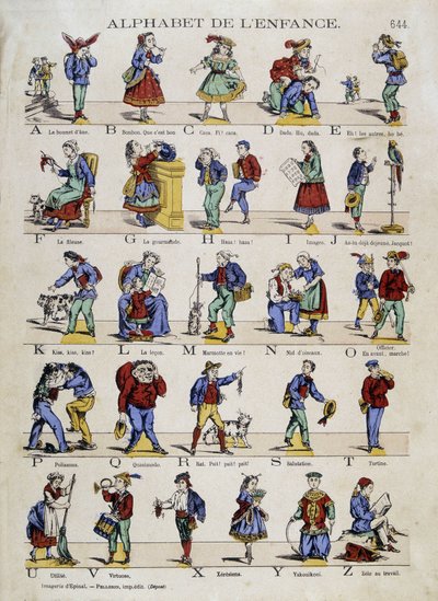 Lapsuuden aakkoset. Kuva yrityksestä Epinal, sd. 1800-luvulla. tekijältä French School