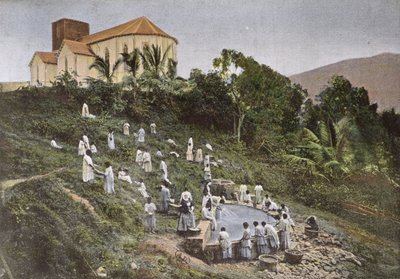 Lähetyssaarnaajasisarten veivät lapset Uudessa-Kaledoniassa pesupaikalle, kaiverrus Gillot, 1800-luvun loppu tekijältä French School