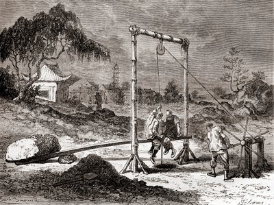 Kiinalaiset työntekijät 1800-luvulla kaivamassa kaivoa suolaveden ottamiseksi, julkaisusta "Les Merveilles de la Science", julkaistu n. 1870 (kaiverrus) tekijältä French School