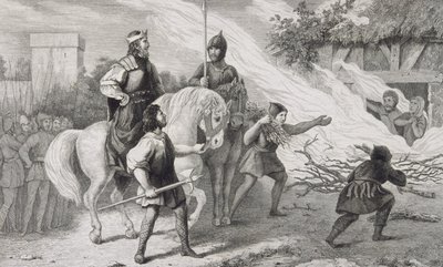 Chlotaire I (497-561) polttaa kapinallisen poikansa ja perheensä Colartin teoksesta "Histoire de France", julkaistu n. 1840 tekijältä French School