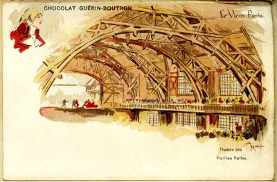 Suklaan kromolitografia Guerin Boutronin suklaat, OLD PARIS, Théâtre des Vieilles halles tekijältä French School