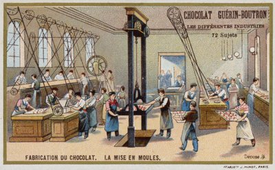 Suklaan valmistus. Suklaan laittaminen muotteihin (chromolitho) tekijältä French School