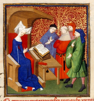 Christine opettaa, MS Harley 4431, f.259v, Ranska, n. 1410-14 (väri pergamentilla) tekijältä French School