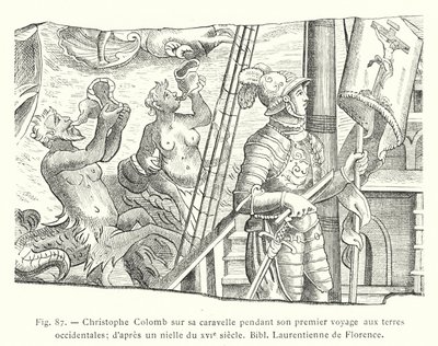Kristoffer Kolumbus karavellillaan ensimmäisellä länsimatkallaan; niellon jälkeen 1500-luvulta, Bibl Laurentienne de Florence (kaiverrus) tekijältä French School
