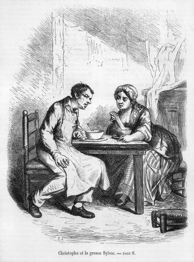 Christophe ja lihava Sylvie, kuvitus Honore de Balzacin (1799-1850) Le Pere Goriotista tekijältä French School