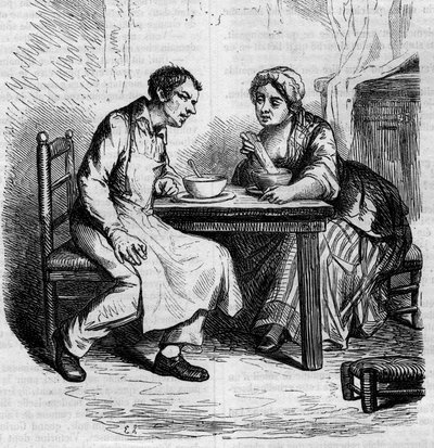 Christophe ja lihava Sylvie: palvelijat syömässä aamiaista. Kaiverrus 1800-luvun puolivälissä. Kuvitus Honore de Balzacin (1799-1850) "Isä Goriot" -sarjaan. tekijältä French School