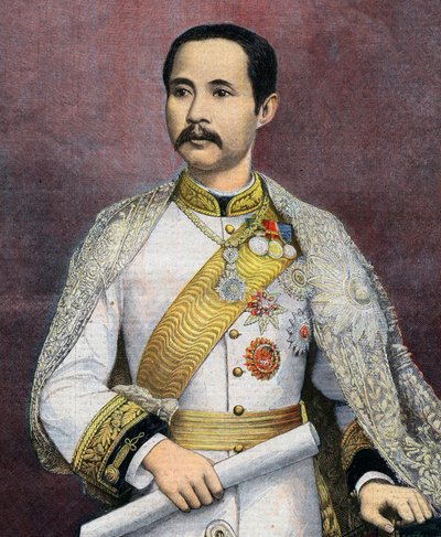 Chulalongkorn (1853-1910), Siamin kuningas. Vuonna 1897 Chulalongkornista tuli ensimmäinen siamilainen hallitsija, joka vieraili Euroopassa. Kuvitus Le petit Journalista tekijältä French School