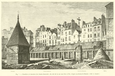Viattomien pyhien hautausmaa ja joukkohaudat rue aux Fersin puolella, 1780, Bernierin, Coll A Lenoirin piirustuksen mukaan tekijältä French School