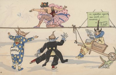 Sirkuskohtaus, sarjasta toisiinsa liittyviä postikortteja (värilitho) tekijältä French School