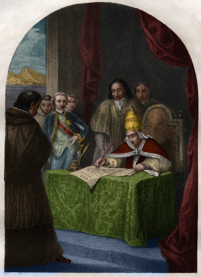 Clement XIV (Clemente tai Clemens) (1705-1774), joka lakkautti jesuiittayhdistyksen 21. heinäkuuta 1773. Kaiverrus vuodelta 1842 kirjaan "Histoire des Popes: rikokset, murhat, myrkytykset, murhat, aviorikokset, insesti..." Maurice Lachatre. Yksityinen koko tekijältä French School