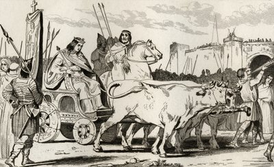 Clovis III (682-95) härän vetämässä vaunussa, Herstalin Pepin II (n. 714) Riding Alongside Him, Colartin Histoire de Francesta, julkaistu n. 1840 tekijältä French School
