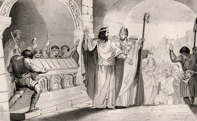 Clovis II (635-57) Hopeaa ja kultaa pyhäkön ruokkimiseksi, Colartin "Histoire de France", julkaistu n. 1840 tekijältä French School