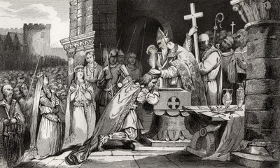 Clovis I (465-511) kastettiin armeijansa miehillä ennen Tolbiacin taistelua, Colartin teoksesta "Histoire de France", julkaistu n. 1840 tekijältä French School