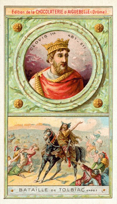 Clovis I Tolbiacin taistelussa, 496 (chromolitho) tekijältä French School
