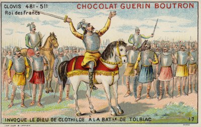 Clovis I kutsumassa Clotilden jumalaa Tolbiacin taistelussa, 496 (chromolitho) tekijältä French School