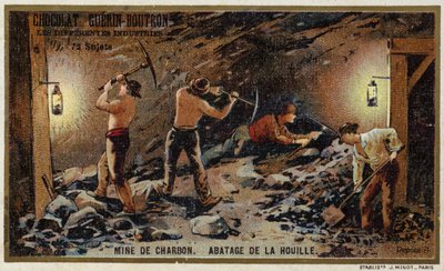 Hiilikaivos. Hiilen leikkaaminen hiilen pinnalla (chromolitho) tekijältä French School