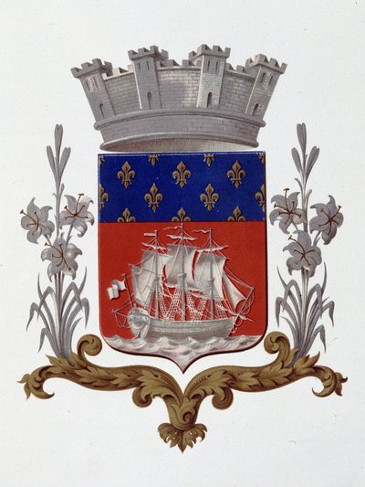 Pariisin kaupungin vaakuna: Royalty (Louis XVIII ja Kaarle X) - Patenttikirjeet päivätty 20. joulukuuta 1917 - kirjassa "Armorial National de France", kirjoittanut H. Traversier, Pariisi tekijältä French School