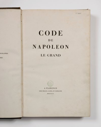 Napoleon Suuren koodi, avattu otsikkosivulla, julkaistu Firenze, Molini, Landi et Cie, 1809 tekijältä French School