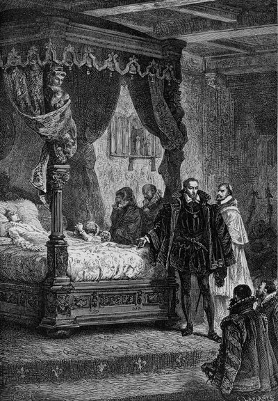 Coligny Francois II:n kuolinvuoteella - Guizotin "Ranskan historiassa". tekijältä French School